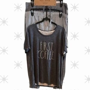Rae Dunn - ‘First Coffee’ Top, pant, short PJ Set. SZ: Large.  NWT